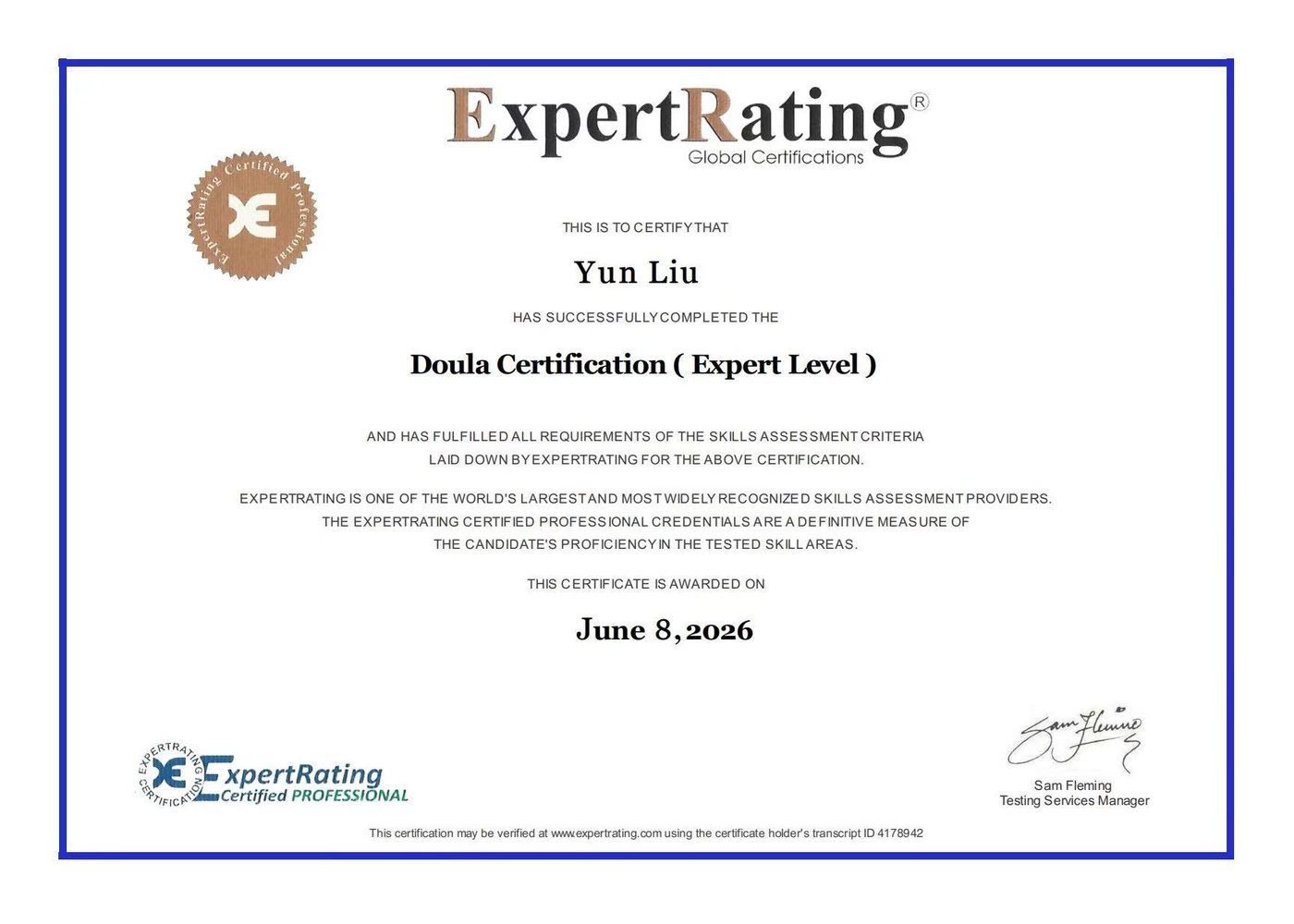 ExpertRating Doula Certification Expert Level awarded to Yun Liu